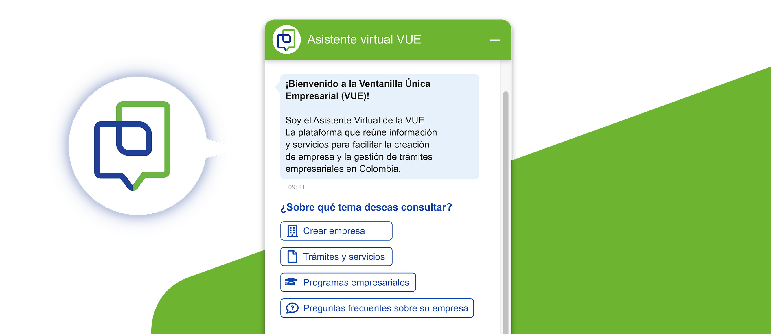Interfaz del Asistente Virtual VUE con opciones de consulta sobre creación de empresa, trámites, servicios y programas empresariales.
