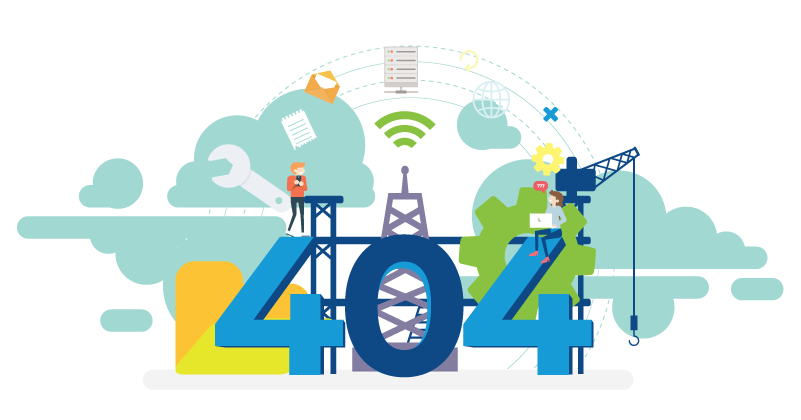 ilustración del número 404 en grande con hombres trabajando alrededor con gruas